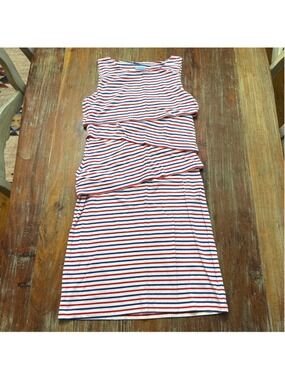 J. McLaughlin Striped Tiered Ruffle Shift Dress S Red White Blue Nautical Preppy